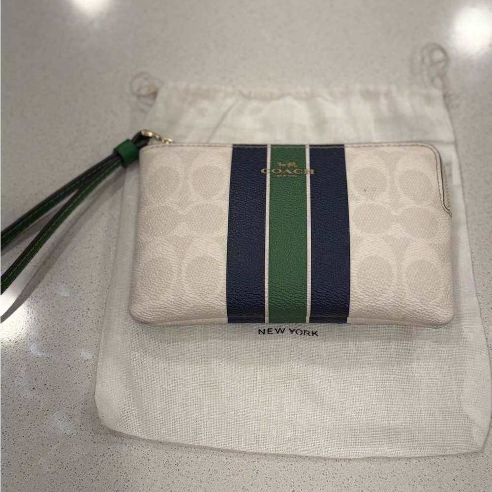 Coach White Wristlet with Green and Blue Stripes